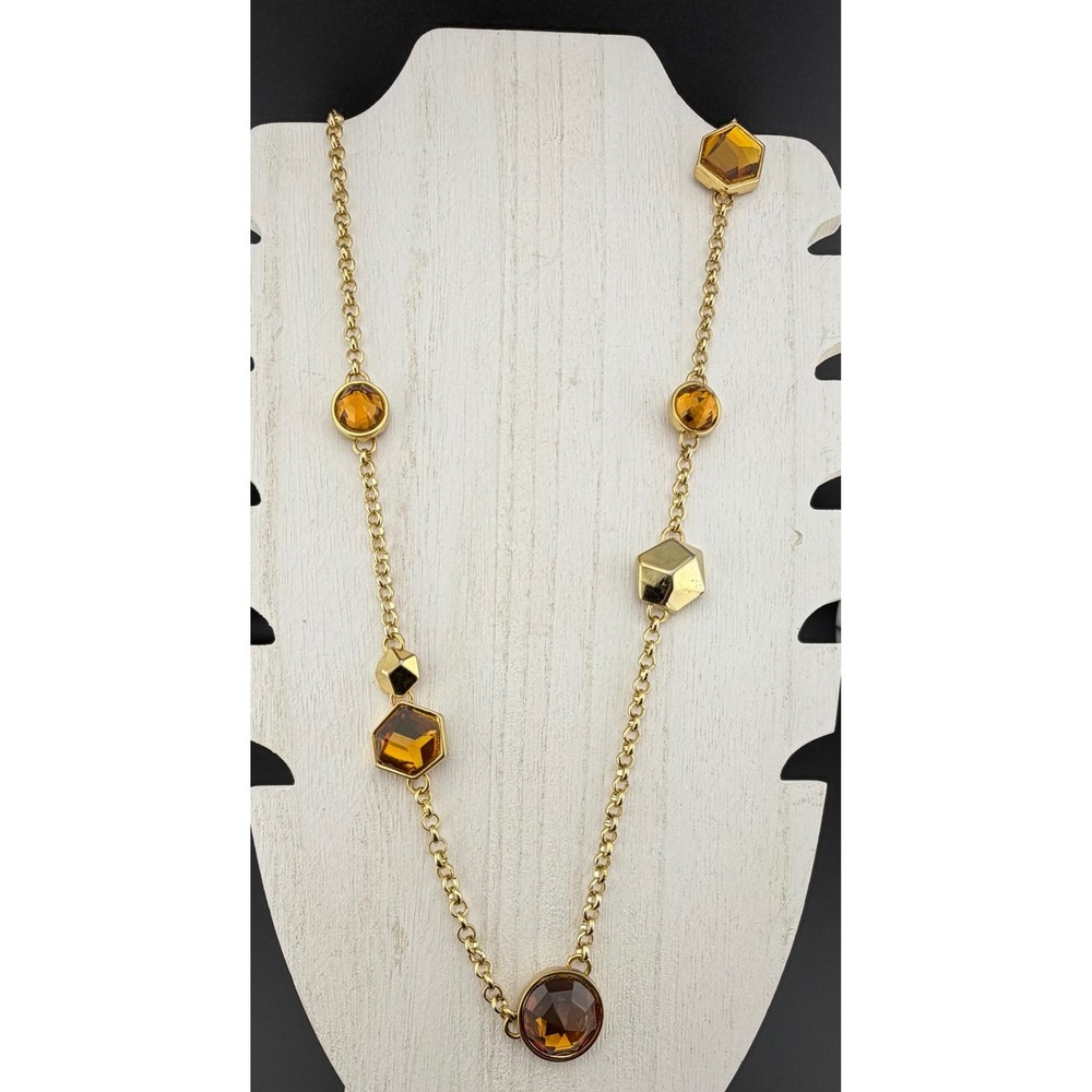 Etienne Aigner Station Necklace 35in Gold Tone Amber Colored Geometric READ